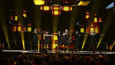 5MIINUST x Puuluup of Estonia perform the song (nendest) narkootikumidest ei tea me (küll) midagi, during the Grand Final of the Eurovision Song Contest in Malmo