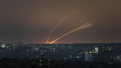 Russian rockets are launched against Ukraine from Russia's Belgorod region, seen from Kharkiv, Ukraine, on Thursday, April 18, 2024.