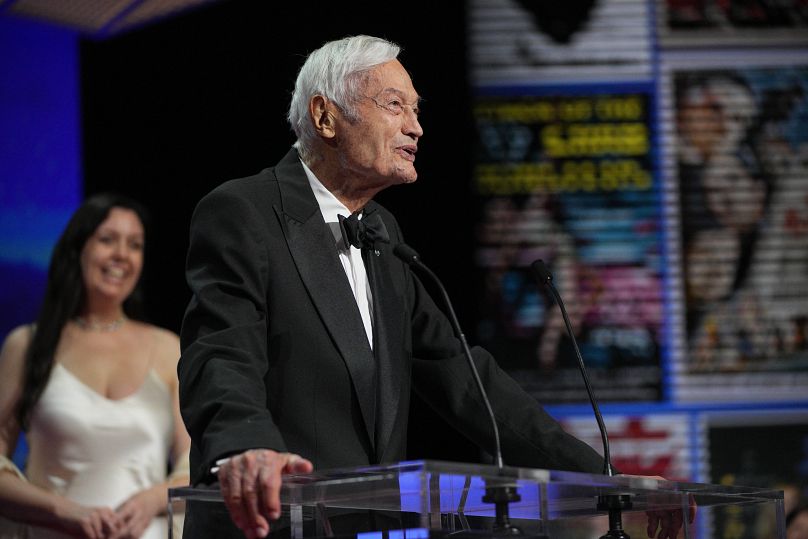 Roger Corman addresses the audience during the awards ceremony of the 76th international film festival, Cannes, southern France, Saturday, May 27, 2023.
