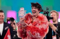 Nemo of Switzerland, who performed the song The Code, celebrates after winning the Grand Final of the Eurovision Song Contest in Malmo, Sweden, Sunday, 12 May 2024. 