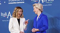 Italian Premier Giorgia Meloni welcomes President of the EU Commission Ursula von der Leyen ahead of an Italy - Africa summit, in Rome.  Jan. 29, 2024.