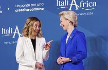 Italian Premier Giorgia Meloni welcomes President of the EU Commission Ursula von der Leyen ahead of an Italy - Africa summit, in Rome.  Jan. 29, 2024.