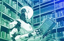 An AI-powered android translates a book, illustration