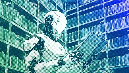 An AI-powered android translates a book, illustration