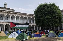 Students camp at State University during a pro-Palestine protest in Milan, Italy, Friday May 10, 2024.