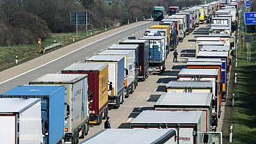 Trucks in traffic on the motorway on the A4 Dresden, near Bautzen, Germany.