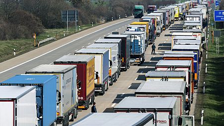 Trucks in traffic on the motorway on the A4 Dresden, near Bautzen, Germany.