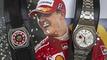 Two watches belonging to Michael Schumacher are on display: F.P., left, Journe, Invenit et Fecit, piece Unique, Vagabondage 1 Model