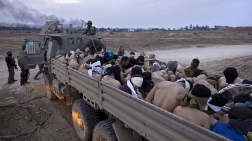  شاحنة محملة بمعتقلين فلسطينيين مقيدين ومعصوبي الأعين، في غزة، الجمعة 8 ديسمبر/كانون الأول 2023. 