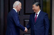 US President Joe Biden, left, greets China's President President Xi Jinping, right, 2023.