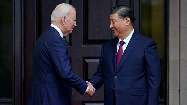 US President Joe Biden, left, greets China's President President Xi Jinping, right, 2023.