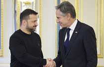 Ukraine's President Volodymyr Zelenskyy greets US Secretary of State Antony Blinken prior to their meeting in Kyiv, 14 May 2024