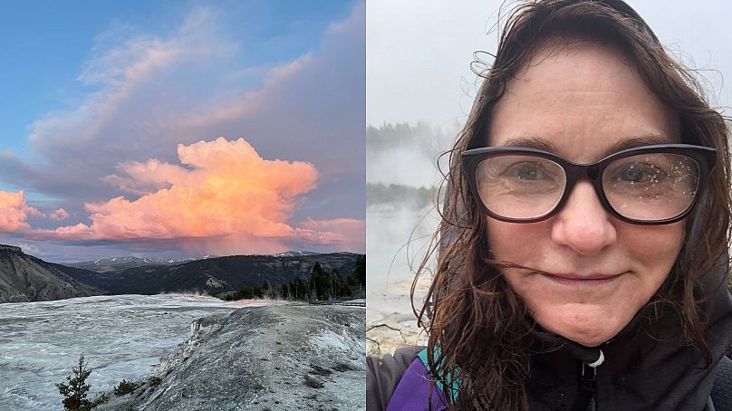 Lori Hamilton on one of her walks at Hell's Gate Thermal Spa in New Zealand, and a photo she took during a solo walking trip to Yellowstone National Park.