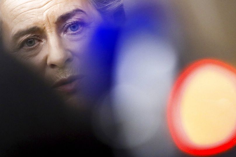 European Commission President Ursula von der Leyen speaks with the media as she arrives for an EU summit at the European Council building in Brussels, May 2021