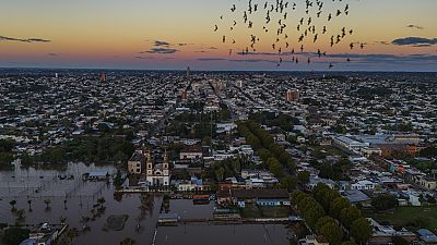 Birds fly by a flooded area in Paysandu, Uruguay, Monday, May 13, 2024