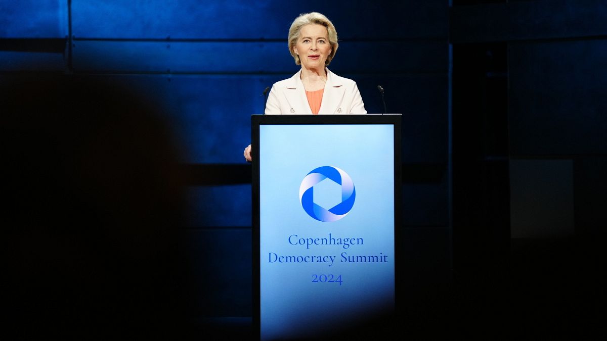 European Commission President Ursula von der Leyen speaks during the democracy summit Copenhagen Democracy Summit in Copenhagen, Tuesday, May 14, 2024. 
