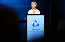 European Commission President Ursula von der Leyen speaks during the democracy summit Copenhagen Democracy Summit in Copenhagen, Tuesday, May 14, 2024. 