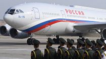 The airplane carrying Russia's President Vladimir Putin arrives at Beijing Capital International Airport ahead of the third Belt and Road Forum, 17 October 2023