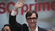 Socialist candidate Salvador Illa waves to supporters after the announcement of the results of the elections to the Catalan parliament in Barcelona, Sunday May 12, 2024.