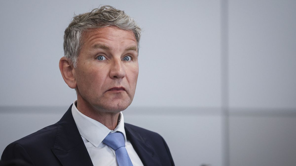 Bjoern Hoecke, co-leader of the far-right Alternative for Germany (AfD) party, at the regional court in Halle, Germany, Tuesday, May 14, 2024.