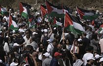 Demonstrierende schwenken Palästina-Flaggen.