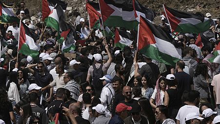 Demonstrierende schwenken Palästina-Flaggen.
