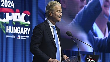 Chairman of the Dutch Freedom Party Geert Wilders speaks at the third Hungarian edition of the Conservative Political Action Conference (Zoltan Mathe/MTI via AP)