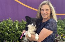 Cynthia Hornor poses with Nimble, the first mixed-breed dog ever to win the Westminster Kennel Club dog show's agility competition, Monday, May 13, 2024