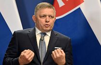 Slovakia's Prime Minister Robert Fico speaks during a press conference with Hungary's Prime Minister Viktor Orban at the Carmelite Monastery in Budapest, 16 January 2024