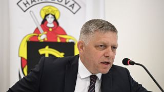 Slovakia's Prime Minister Robert Fico speaks during a press conference before he was shot five times in the town of Handlová, May, 15, 2024