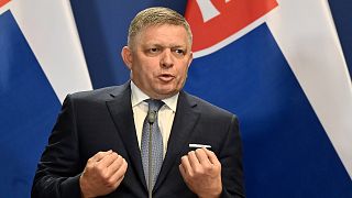 Slovakia's Prime Minister Robert Fico speaks during a press conference with Hungary's Prime Minister Viktor Orban at the Carmelite Monastery in Budapest, 16 January 2024