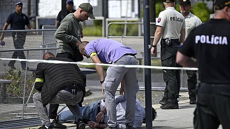 FILE - Police arrest a man after Slovak Prime Minister Robert Fico was shot in the town of Handlova, Slovakia, Wednesday, May 16th 2024