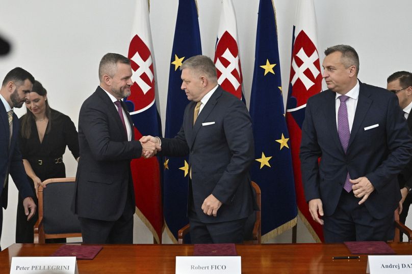 Hlas-Social Democracy party chairman Peter Pellegrini, Robert Fico and Slovak National Party chairman Andrej Danko shake hands on a coalition government deal, October 2023.
