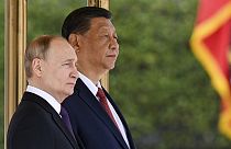 Chinese President Xi Jinping, right, and Russian President Vladimir Putin attend an official welcome ceremony in Beijing, China, on Thursday, May 16, 2024.