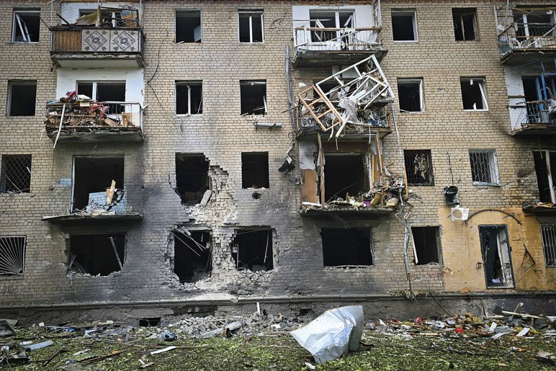 A destroyed apartment building is seen at the site of a Russian army attack with guided aerial bombs in Kherson, Ukraine, Thursday, May 15, 2024.