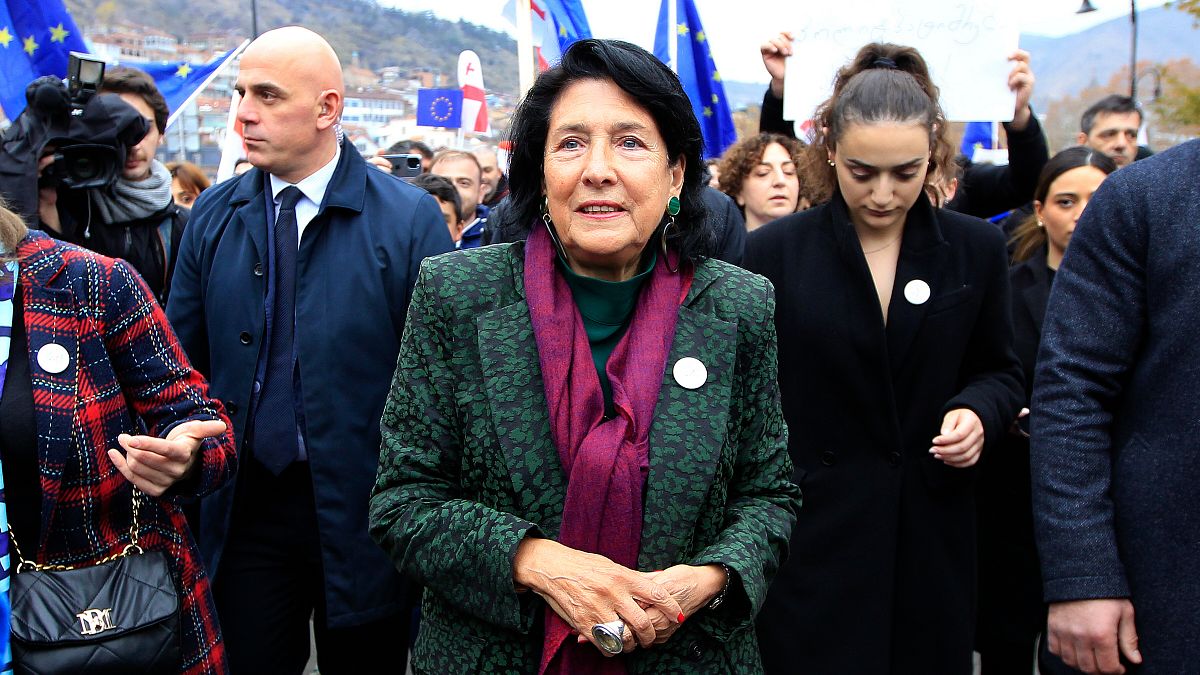 Georgia's President Salome Zourabichvili attends a march in support of Georgia's EU candidacy in Tbilisi.