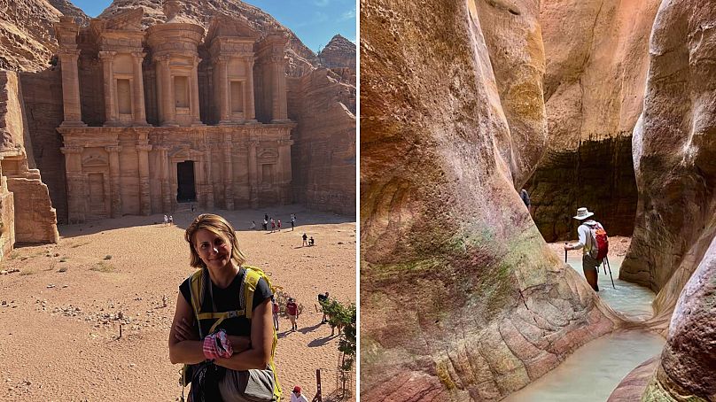 Wafa’a El Khativ frente a Ed-Deir,también conocido como el Monasterio en Petra. | Hiking through Wadi Ghuweir.