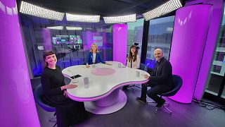 Host Méabh Mc Mahon with Sophia Russack, Anna Nalyvayko and Petros Fassoulas