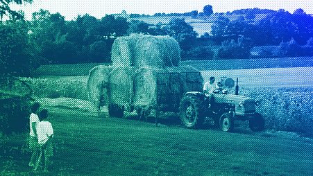 Two young children watch a local farmer transport bales of hay to his barn, August 2001