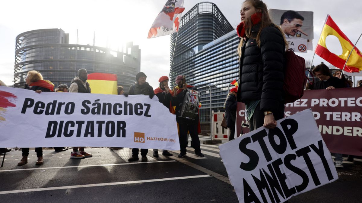 Demonstrators protest against the amnesty law outside the European Parliament in 2023 in Strasbourg