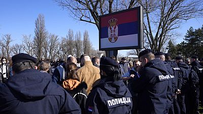 Hundreds of Serbian eco protesters opposed to lithium mining blocked roads near a government, February 2022. building