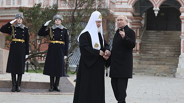 Kirill pátriárka Putyin elnökkel a moszkvai Vörös téren