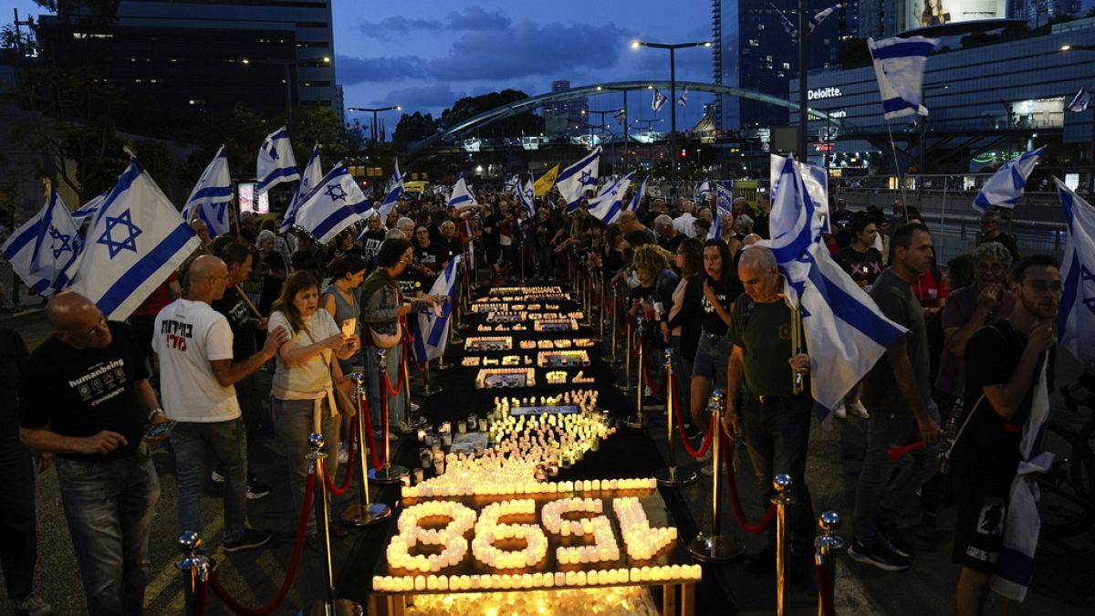 People protest against Israeli Prime Minister Benjamin Netanyahu's government and call for the release of hostages, in Tel Aviv, Israel, Saturday, May 11, 2024. 