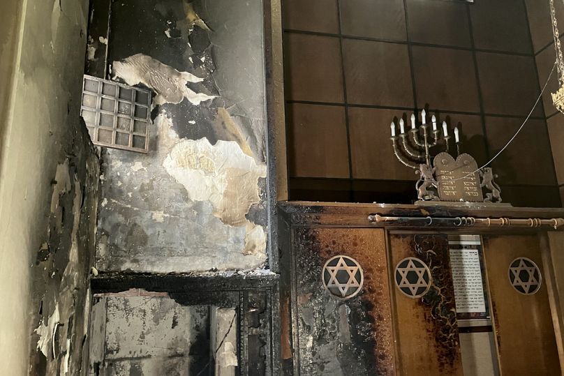 A view of the synagogue where a man armed with a knife and a metal bar is suspected of having set fire, Friday, May 17, 2024 in Rouen, France.