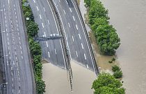 The highway entrance to the A620 in Saarbrücken is flooded as heavy continuous rain has caused multiple floods and landslides in Saarland, western Germany
