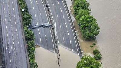 The highway entrance to the A620 in Saarbrücken is flooded as heavy continuous rain has caused multiple floods and landslides in Saarland, western Germany