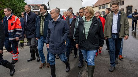German Chancellor Olaf Scholz visited Kleinblittersdorf, Germany, which was hit by flooding, Saturday, May 18, 2024.