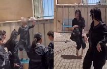 آب‌بازی و رقص دختران دبیرستانی در حیاط مدرسه‌ای در ایران