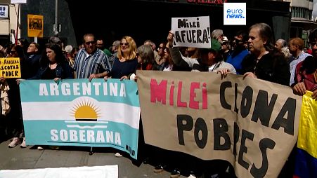 Demonstrators gather to protest against far-right meeting featuring Milei in Madrid