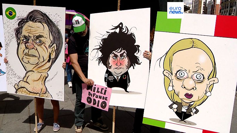 Caricatures of Giorgia Meloni, Javier Milei, Jair Bolsonaro,